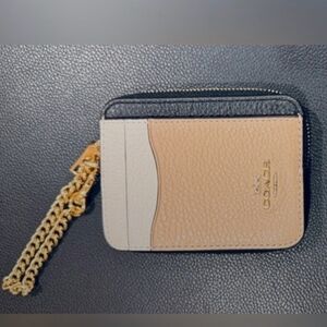 Coach Tan and Cream Card Holder with Gold Chain
